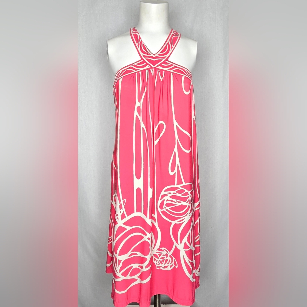 BCBGMAXAZRIA Pink Floral Halter Maxi Dress Geometric Rose Size L